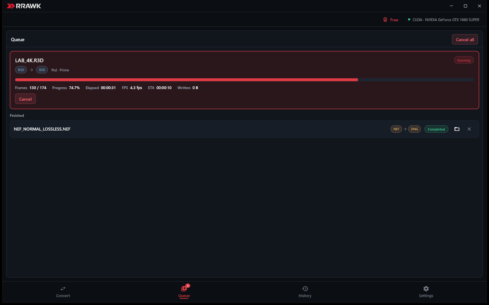 RRAWK Windows app Queue view converting an R3D clip with Prime quality